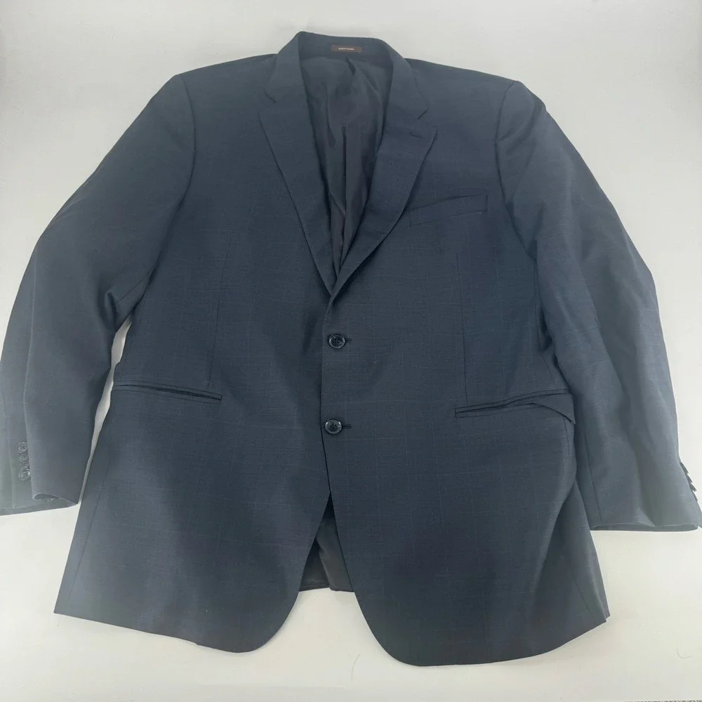 Peter Millar Mens 48T Navy Blue Windowpane Plaid 100% Wool Blazer Sport Coat